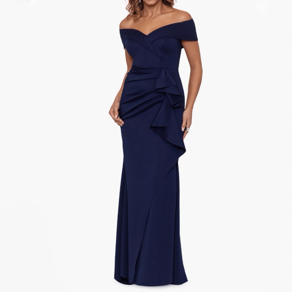 New XSCAPE Ruffle Off the Shoulder Scuba Gown in Midnight Size 16